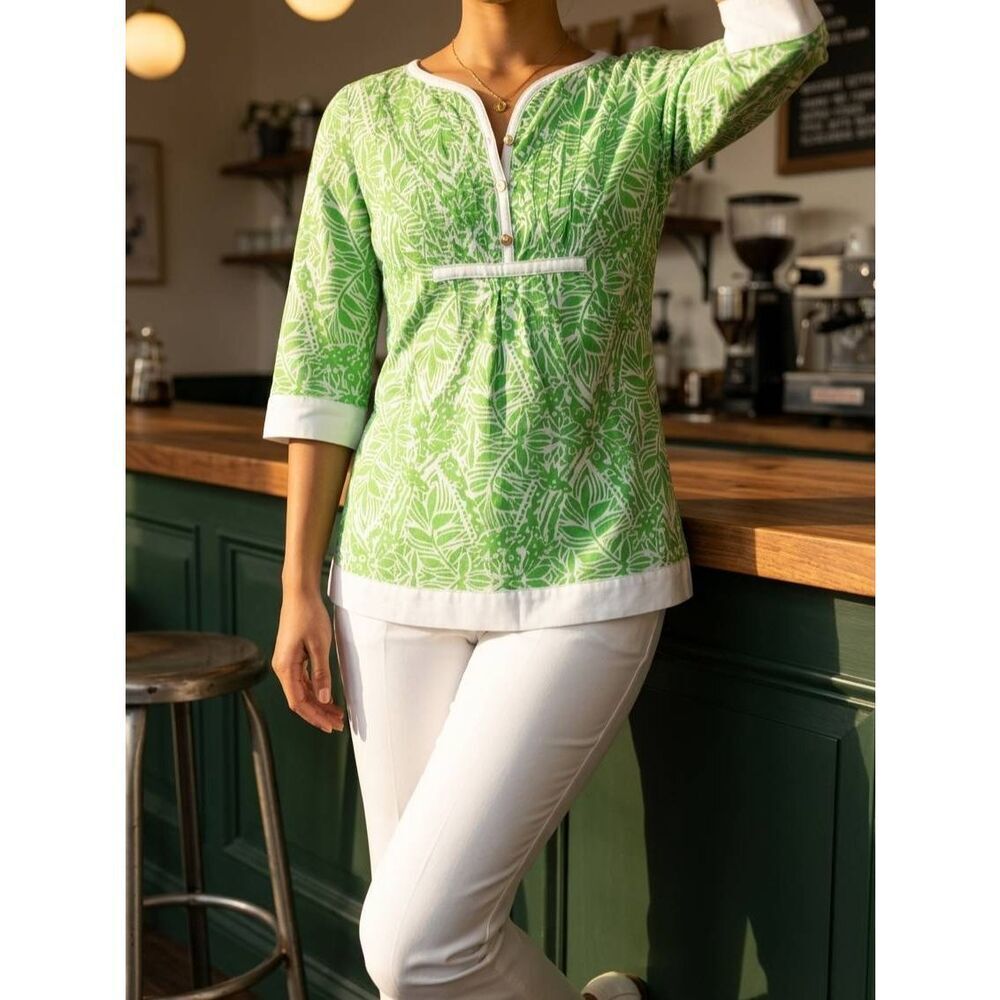 🍑Vintage Lilly Pulitzer Lime Leaf & Giraffe Print 3/4 Sleeve Top XSmall